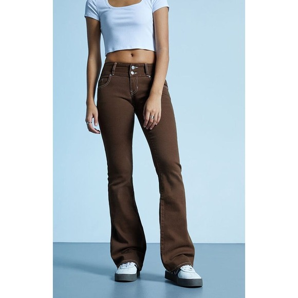 PacSun Denim - PacSun Brown Low Rise Bootcut Jeans White Contrast Stitch Y2K Flare Size 28
